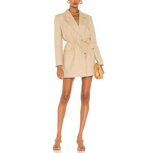 Selmacilek Waist Tie Detailed Beige Cotton Linen Jacket Dress Size S